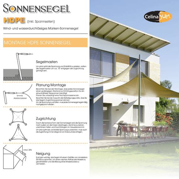CelinaSun Sonnensegel inkl Befestigungsseile Premium HDPE wetterbeständig atmungsaktiv Rechteck 3,5 x 5 m anthrazit