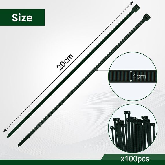 WOLTU Kabelbinder uv beständig 200 mm x 4 mm 100 Stück Grün mit Zugfestigkeit 19 kg aus Nylon für Zaunblende Gartenbau Kabelmanagement Gartenarbeit Wohnen