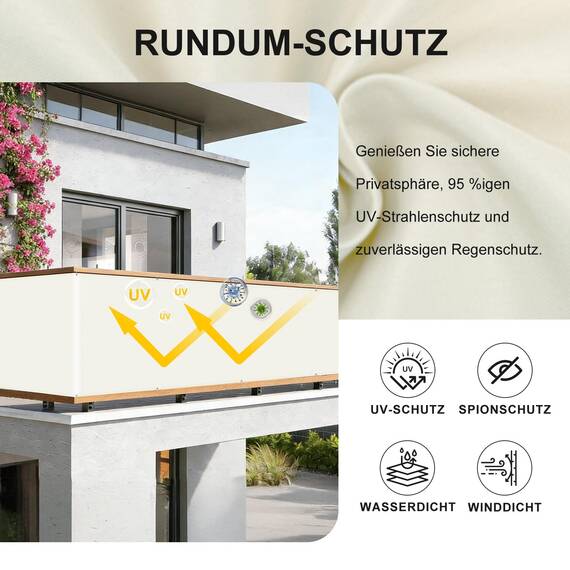 HENG FENG Balkon Sichtschutz 55x400cm PES, Wetterfeste Balkonverkleidung für den Außenbereich mit Windschutz und Sonnenschutz, Cremeweiß（Anpassung）