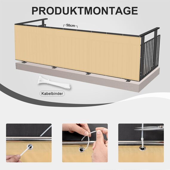 HENG FENG Balkon Sichtschutz 50x1000cm PES, Wetterfeste Balkonverkleidung für den Außenbereich mit Windschutz und Sonnenschutz, Sand（Anpassung）