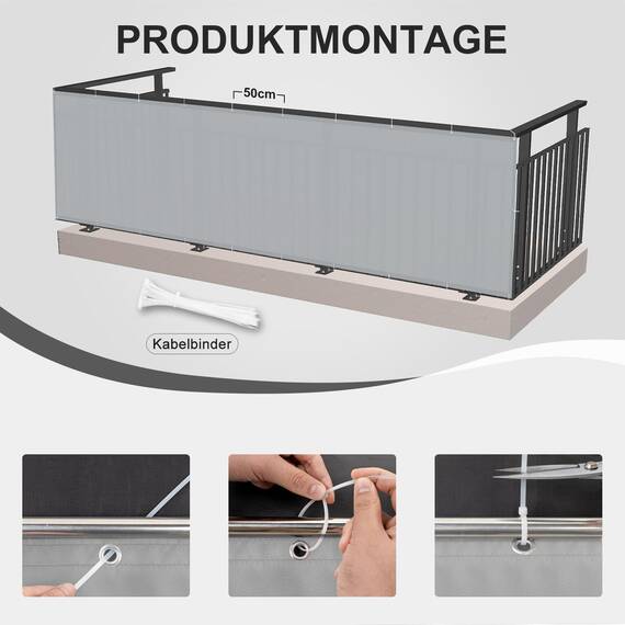 HENG FENG Balkon Sichtschutz 65x500cm PES, Wetterfeste Balkonverkleidung für den Außenbereich mit Windschutz und Sonnenschutz, Hellgrau（Anpassung）