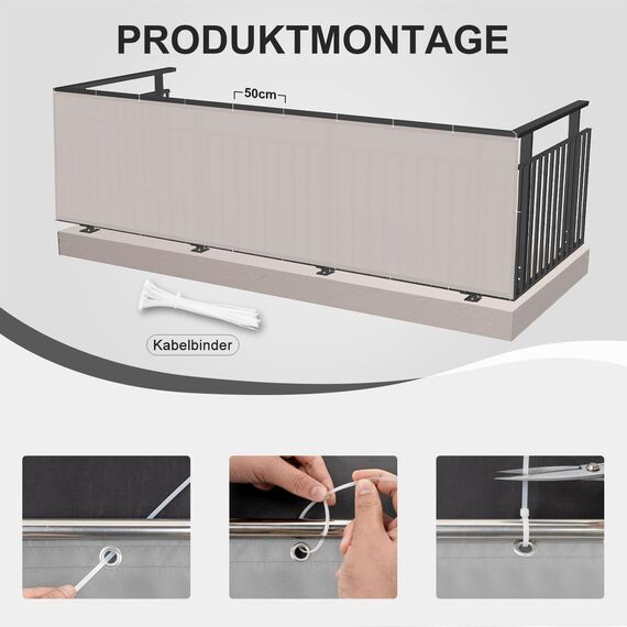 HENG FENG Balkon Sichtschutz 0.65x10m PES, Wetterfeste Balkonverkleidung für den Außenbereich mit Windschutz und Sonnenschutz, Taupe（Anpassung）