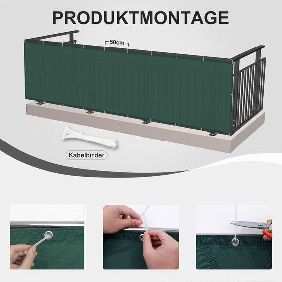 HENG FENG Balkon Sichtschutz 90x400cm, Wasserdicht, Wetterfest und 95% UV-Schutz, 160g/㎡ PES Balkonverkleidung Balkonabdeckung Balkonbespannung mit Kabelbindern, Dunkelgrün