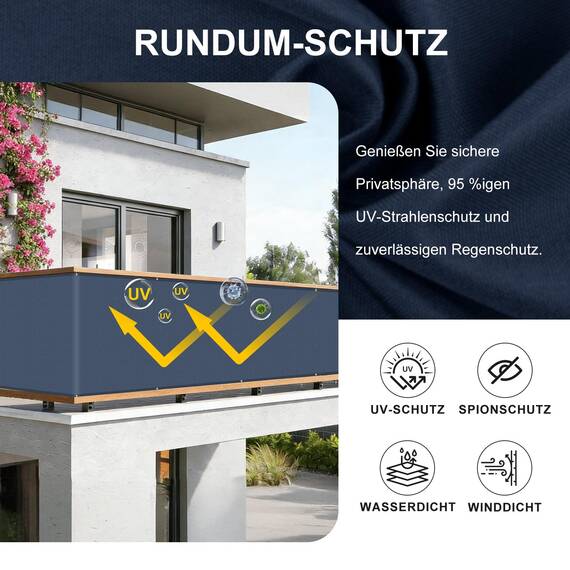 HENG FENG Balkon Sichtschutz 90x300cm, Wasserdicht, Wetterfest und 95% UV-Schutz, 160g/㎡ PES Balkonverkleidung Balkonabdeckung Balkonbespannung mit Kabelbindern, Rauchblau