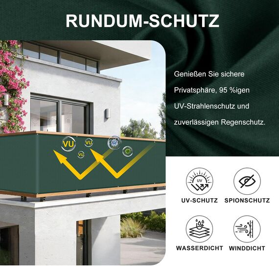 HENG FENG Balkon Sichtschutz 90x400cm, Wasserdicht, Wetterfest und 95% UV-Schutz, 160g/㎡ PES Balkonverkleidung Balkonabdeckung Balkonbespannung mit Kabelbindern, Dunkelgrün