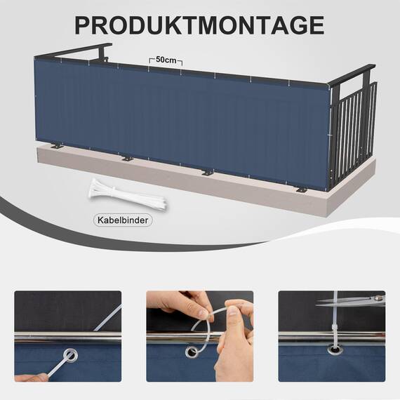 HENG FENG Balkon Sichtschutz 90x300cm, Wasserdicht, Wetterfest und 95% UV-Schutz, 160g/㎡ PES Balkonverkleidung Balkonabdeckung Balkonbespannung mit Kabelbindern, Rauchblau