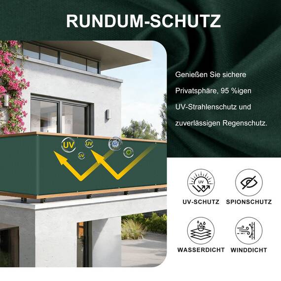 HENG FENG Balkon Sichtschutz 90x300cm, Wasserdicht, Wetterfest und 95% UV-Schutz, 160g/㎡ PES Balkonverkleidung Balkonabdeckung Balkonbespannung mit Kabelbindern, Dunkelgrün