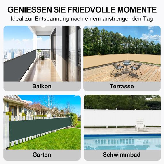 HENG FENG Balkon Sichtschutz 90x400cm, Wasserdicht, Wetterfest und 95% UV-Schutz, 160g/㎡ PES Balkonverkleidung Balkonabdeckung Balkonbespannung mit Kabelbindern, Dunkelgrün