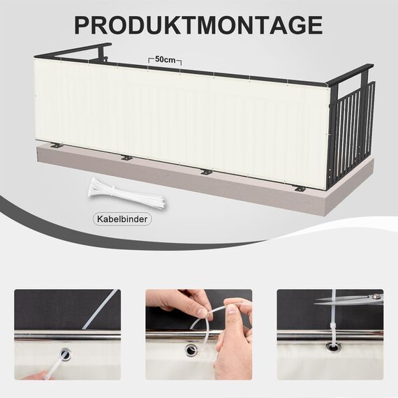 HENG FENG Balkon Sichtschutz 100x600cm, Wasserdicht, Wetterfest und 95% UV-Schutz, 160g/㎡ PES Balkonverkleidung Balkonabdeckung Balkonbespannung mit Kabelbindern, Cremeweiß