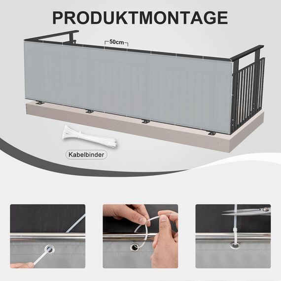 HENG FENG Balkon Sichtschutz 100x600cm, Wasserdicht, Wetterfest und 95% UV-Schutz, 160g/㎡ PES Balkonverkleidung Balkonabdeckung Balkonbespannung mit Kabelbindern, Hellgrau