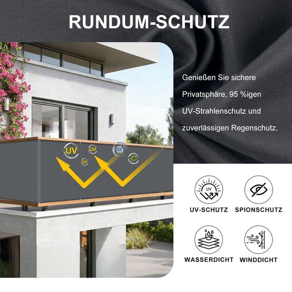 HENG FENG Balkon Sichtschutz 100x300cm, Wasserdicht, Wetterfest und 95% UV-Schutz, 160g/㎡ PES Balkonverkleidung Balkonabdeckung Balkonbespannung mit Kabelbindern, Anthrazit