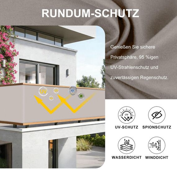 HENG FENG Balkon Sichtschutz 100x400cm, Wasserdicht, Wetterfest und 95% UV-Schutz, 160g/㎡ PES Balkonverkleidung Balkonabdeckung Balkonbespannung mit Kabelbindern, Taupe