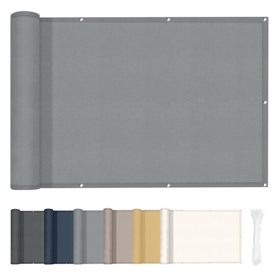 HENG FENG Balkon Sichtschutz 100x600cm, Wasserdicht, Wetterfest und 95% UV-Schutz, 160g/㎡ PES Balkonverkleidung Balkonabdeckung Balkonbespannung mit Kabelbindern, Hellgrau