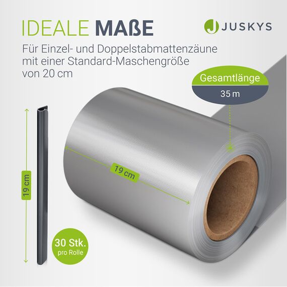 Juskys PVC Sichtschutzstreifen Doppelstabmatten Zaun 4er Set - 4 Rollen á 35m x 19cm - 120 Befestigungsclips - Zaunfolie Sichtschutz Windschutz - hellgrau