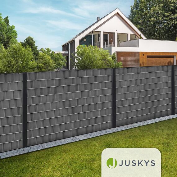 Juskys PVC Sichtschutzstreifen Doppelstabmatten Zaun 4er Set - 4 Rollen á 35m x 19cm - 120 Befestigungsclips - Zaunfolie Sichtschutz Windschutz - anthrazit