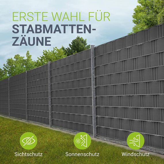 Juskys PVC Sichtschutzstreifen Doppelstabmatten Zaun 4er Set - 4 Rollen á 35m x 19cm - 120 Befestigungsclips - Zaunfolie Sichtschutz Windschutz - anthrazit