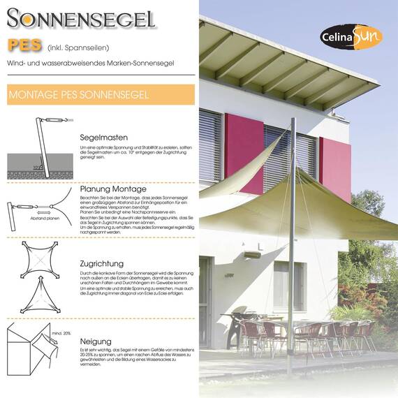 CelinaSun Sonnensegel wasserdicht inkl Befestigungsseile Premium PES wasserabweisend imprägniert Rechteck 2 x 4 m Sand beige