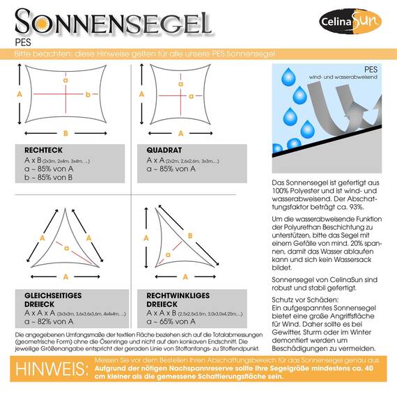 CelinaSun Sonnensegel wasserdicht inkl Befestigungsseile Premium PES wasserabweisend imprägniert Quadrat 2 x 2 m Taupe