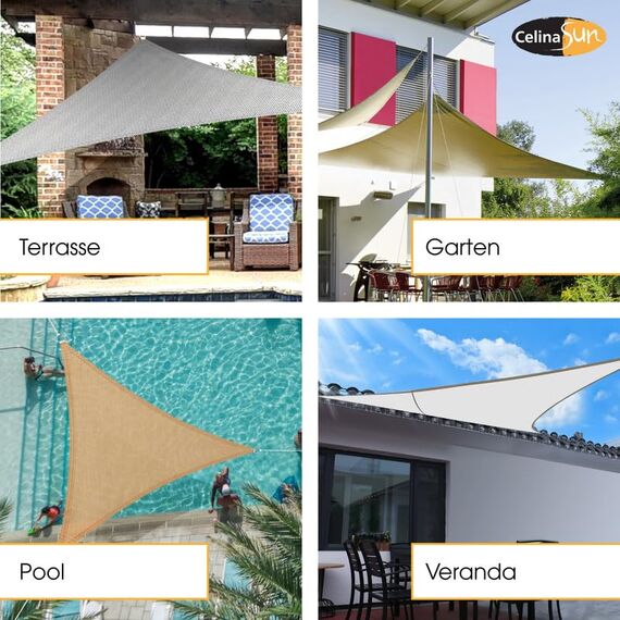 CelinaSun Sonnensegel inkl Befestigungsseile Premium PES wasserabweisend imprägniert Dreieck gleichseitig 3,6 x 3,6 x 3,6 m Sand beige