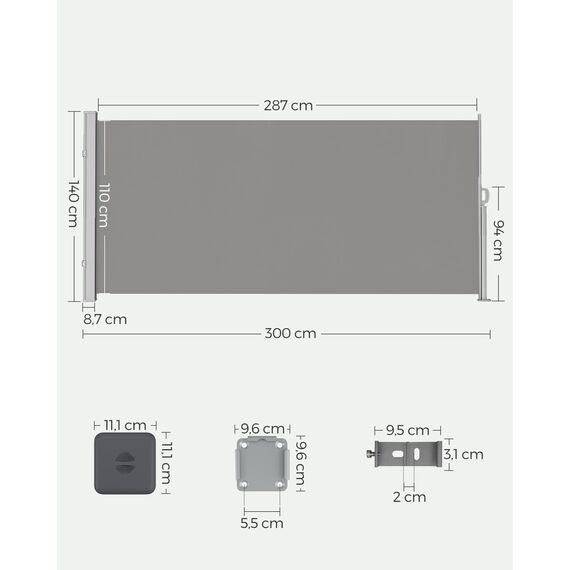 SONGMICS Seitenmarkise mit Stahl-Kasten, rostbeständig, ausziehbar, 140 x 300 cm, Windschutz, Sonnenschutz, blickdicht, Seitenrollo, für Balkon, Terrasse, Garten, hellgrau GSA143G01