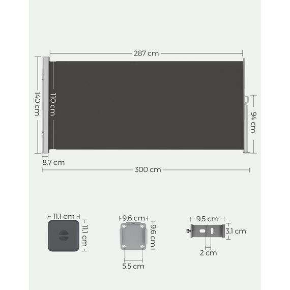 SONGMICS Seitenmarkise mit Stahl-Kasten, rostbeständig, ausziehbar, 140 x 300 cm, Windschutz, Sonnenschutz, blickdicht, Seitenrollo, für Balkon, Terrasse, Garten, anthrazit GSA143G02