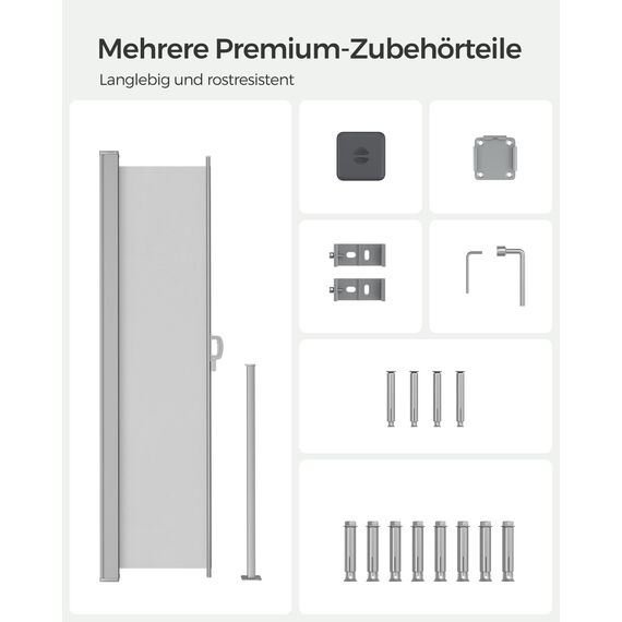 SONGMICS Seitenmarkise mit Stahl-Kasten, rostbeständig, ausziehbar, 160 x 350 cm, Windschutz, Sonnenschutz, Blickdicht, Seitenrollo, für Balkon, Terrasse, Garten, hellgrau GSA565G03