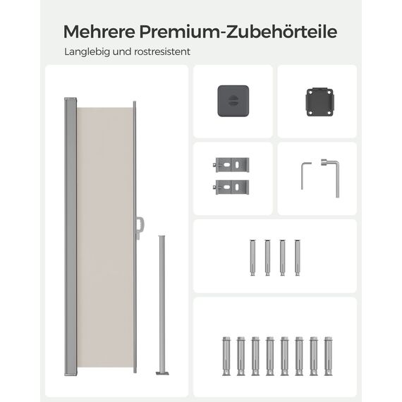SONGMICS Seitenmarkise mit Stahl-Kasten, rostbeständig, ausziehbar, 200 x 350 cm, Sichtschutz, Sonnenschutz, Blickdicht, Seitenrollo, für Balkon, Terrasse, Garten, beige GSA205E02