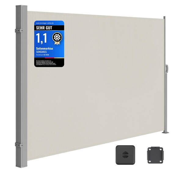 SONGMICS Seitenmarkise mit Stahl-Kasten, rostbeständig, ausziehbar, 180 x 350 cm, Windschutz, Sonnenschutz, blickdicht, Seitenrollo, für Balkon, Terrasse, Garten, beige GSA185T02