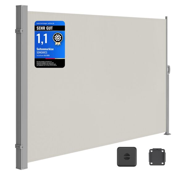 SONGMICS Seitenmarkise mit Stahl-Kasten, rostbeständig, ausziehbar, 200 x 350 cm, Sichtschutz, Sonnenschutz, Blickdicht, Seitenrollo, für Balkon, Terrasse, Garten, beige GSA205E02