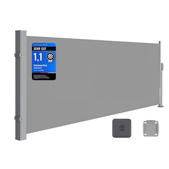 SONGMICS Seitenmarkise mit Stahl-Kasten, rostbeständig, ausziehbar, 140 x 300 cm, Windschutz, Sonnenschutz, blickdicht, Seitenrollo, für Balkon, Terrasse, Garten, hellgrau GSA143G01