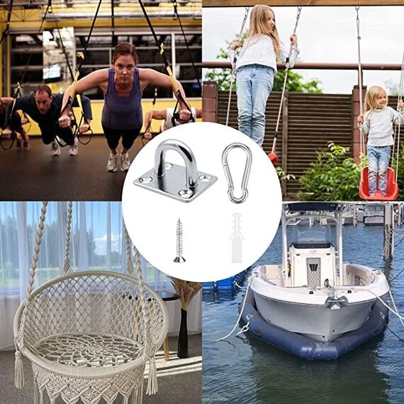 HOMPER 4 Stück M6 Edelstahl Karabiner und Augplatte mit Öse, für Decksplatte Sonnensegel Decken Wand Befestigung Haken, mit Schrauben