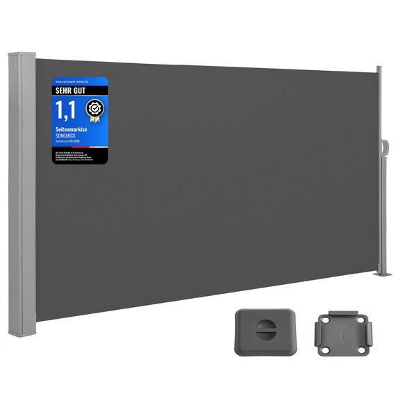SONGMICS Seitenmarkise mit Stahl-Kasten, rostbeständig, ausziehbar, 160 x 400 cm, Windschutz, Sonnenschutz, Blickdicht, Seitenrollo, für Balkon, Terrasse, Garten, anthrazit GSA564G01