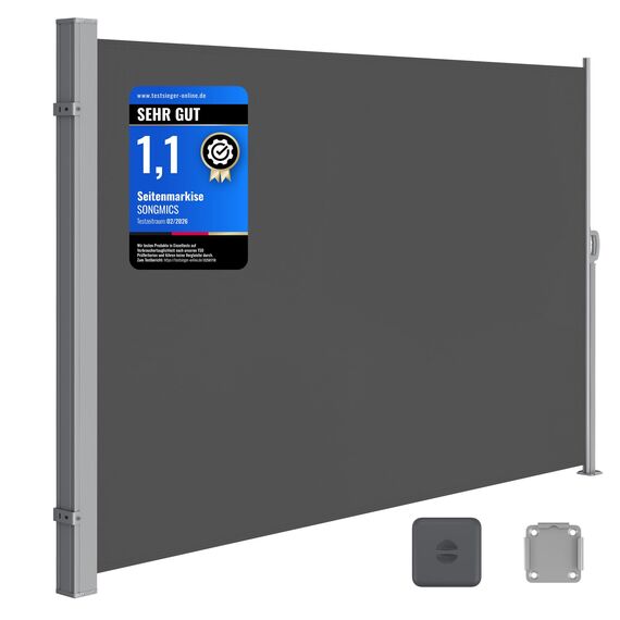 SONGMICS Seitenmarkise mit Stahl-Kasten, rostbeständig, ausziehbar, 180 x 450 cm, Windschutz, Sonnenschutz, Blickdicht, Seitenrollo, für Balkon, Terrasse, Garten, anthrazit GSA589G01