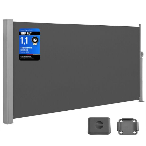 SONGMICS Seitenmarkise mit Stahl-Kasten, rostbeständig, ausziehbar, 180 x 400 cm, Windschutz, Sonnenschutz, Blickdicht, Seitenrollo, für Balkon, Terrasse, Garten, anthrazit GSA584G01