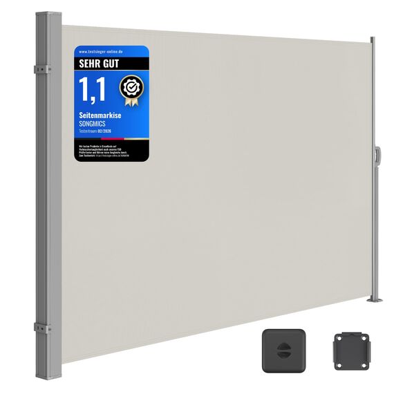 SONGMICS Seitenmarkise mit Stahl-Kasten, rostbeständig, ausziehbar, 200 x 300 cm, Windschutz, Sonnenschutz, blickdicht, Seitenrollo, für Balkon, Terrasse, Garten, beige GSA200K02