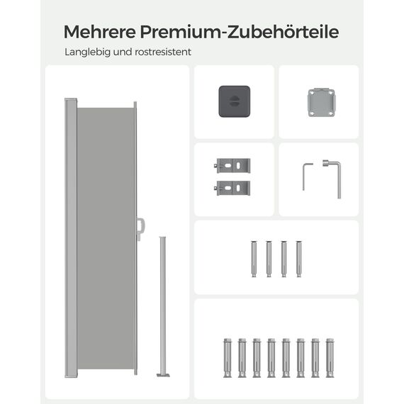 SONGMICS Seitenmarkise mit Stahl-Kasten, rostbeständig, ausziehbar, 140 x 300 cm, Windschutz, Sonnenschutz, blickdicht, Seitenrollo, für Balkon, Terrasse, Garten, hellgrau GSA143G01