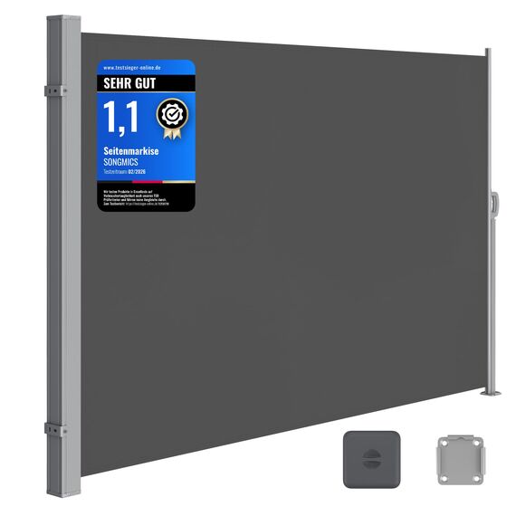 SONGMICS Seitenmarkise mit Stahl-Kasten, rostbeständig, ausziehbar, 200 x 300 cm, Windschutz, Sonnenschutz, Blickdicht, Seitenrollo, für Balkon, Terrasse, Garten, anthrazit GSA200G02