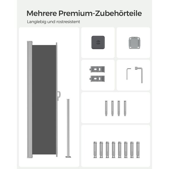 SONGMICS Seitenmarkise mit Stahl-Kasten, rostbeständig, ausziehbar, 140 x 300 cm, Windschutz, Sonnenschutz, blickdicht, Seitenrollo, für Balkon, Terrasse, Garten, anthrazit GSA143G02