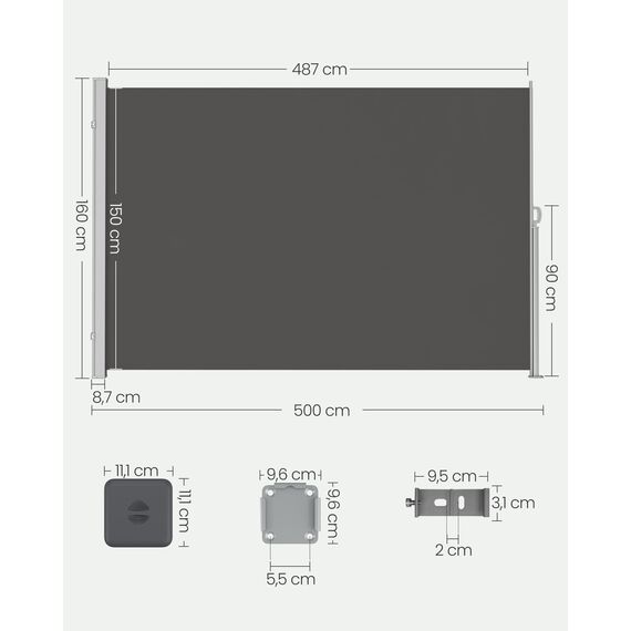 SONGMICS Seitenmarkise mit Stahl-Kasten, rostbeständig, ausziehbar, 160 x 500 cm, Windschutz, Sonnenschutz, Blickdicht, Seitenrollo, für Balkon, Terrasse, Garten, anthrazit GSA615GZ01