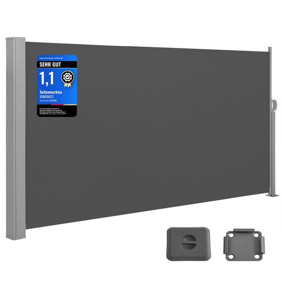 SONGMICS Seitenmarkise mit Stahl-Kasten, rostbeständig, ausziehbar, 200 x 400 cm, Windschutz, Sonnenschutz, Blickdicht, Seitenrollo, für Balkon, Terrasse, Garten, anthrazit GSA204G02
