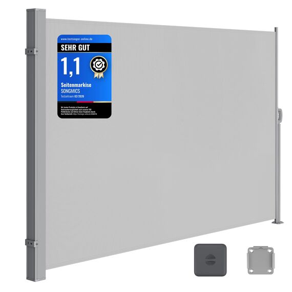 SONGMICS Seitenmarkise mit Stahl-Kasten, rostbeständig, ausziehbar, 160 x 350 cm, Windschutz, Sonnenschutz, Blickdicht, Seitenrollo, für Balkon, Terrasse, Garten, hellgrau GSA565G03