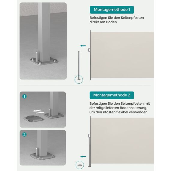 SONGMICS Seitenmarkise mit Stahl-Kasten, rostbeständig, ausziehbar, 200 x 300 cm, Windschutz, Sonnenschutz, blickdicht, Seitenrollo, für Balkon, Terrasse, Garten, beige GSA200K02