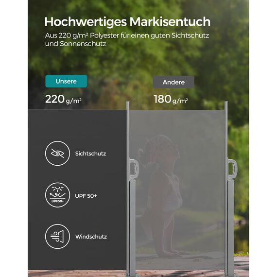 SONGMICS Seitenmarkise mit Stahl-Kasten, rostbeständig, ausziehbar, 140 x 300 cm, Windschutz, Sonnenschutz, blickdicht, Seitenrollo, für Balkon, Terrasse, Garten, anthrazit GSA143G02