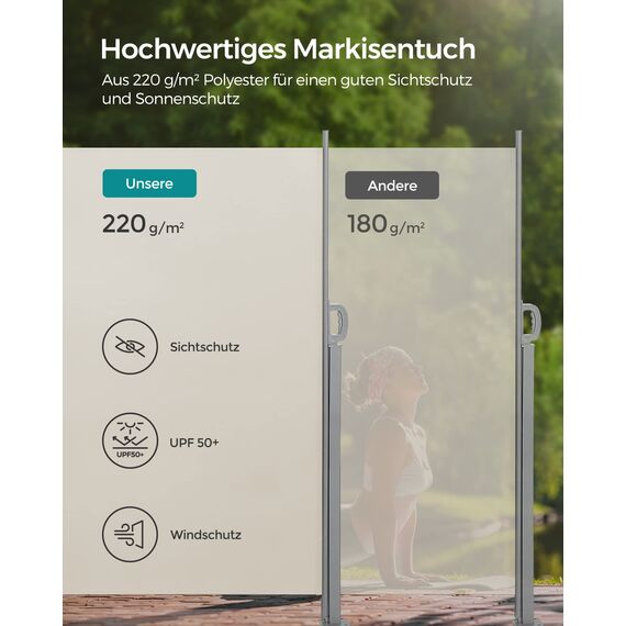 SONGMICS Seitenmarkise mit Stahl-Kasten, rostbeständig, ausziehbar, 180 x 350 cm, Windschutz, Sonnenschutz, blickdicht, Seitenrollo, für Balkon, Terrasse, Garten, beige GSA185T02