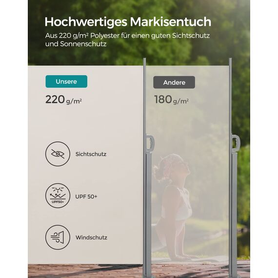 SONGMICS Seitenmarkise mit Stahl-Kasten, rostbeständig, ausziehbar, 200 x 300 cm, Windschutz, Sonnenschutz, blickdicht, Seitenrollo, für Balkon, Terrasse, Garten, beige GSA200K02