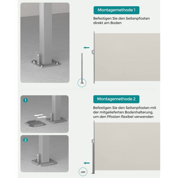 SONGMICS Seitenmarkise mit Stahl-Kasten, rostbeständig, ausziehbar, 180 x 350 cm, Windschutz, Sonnenschutz, blickdicht, Seitenrollo, für Balkon, Terrasse, Garten, beige GSA185T02