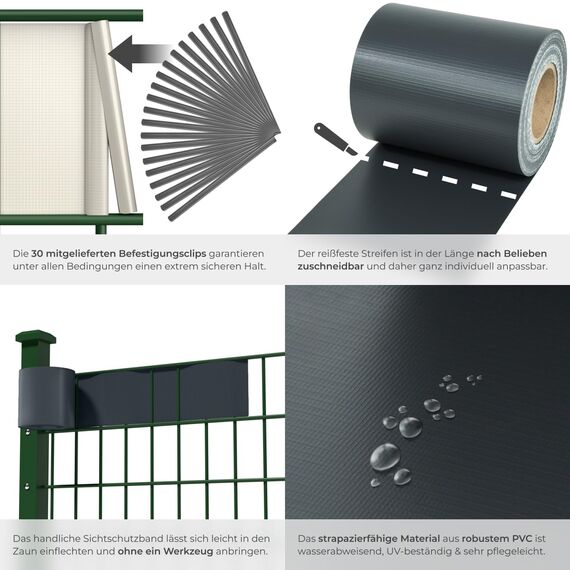 tectake® Sichtschutzfolie, Sichtschutzstreifen mit Befestigungsclips, Windschutz, Sonnenschutz, Sichtschutzmatte für Balkon, Garten, Terrasse, für Stabmattenzaun und Zaunelemente - 70 m, anthrazit