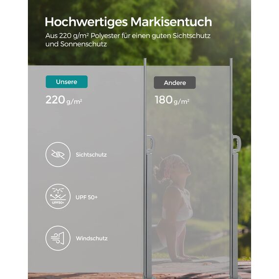 SONGMICS Seitenmarkise mit Stahl-Kasten, rostbeständig, ausziehbar, 200 x 400 cm, Windschutz, Sonnenschutz, Blickdicht, Seitenrollo, für Balkon, Terrasse, Garten, hellgrau GSA504G03