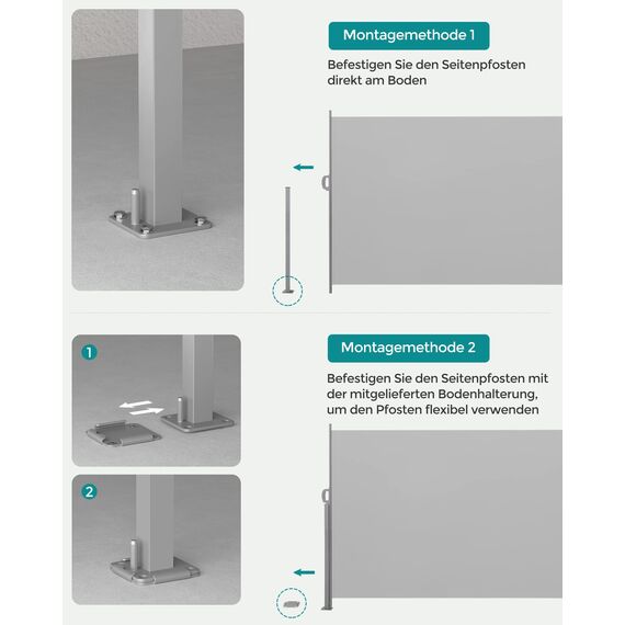 SONGMICS Seitenmarkise mit Stahl-Kasten, rostbeständig, ausziehbar, 200 x 350 cm, Windschutz, Sonnenschutz, Blickdicht, Seitenrollo, für Balkon, Terrasse, Garten, hellgrau GSA505G03