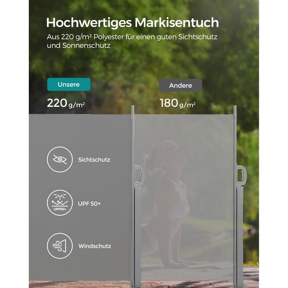 SONGMICS Seitenmarkise mit Stahl-Kasten, rostbeständig, ausziehbar, 140 x 300 cm, Windschutz, Sonnenschutz, blickdicht, Seitenrollo, für Balkon, Terrasse, Garten, hellgrau GSA143G01